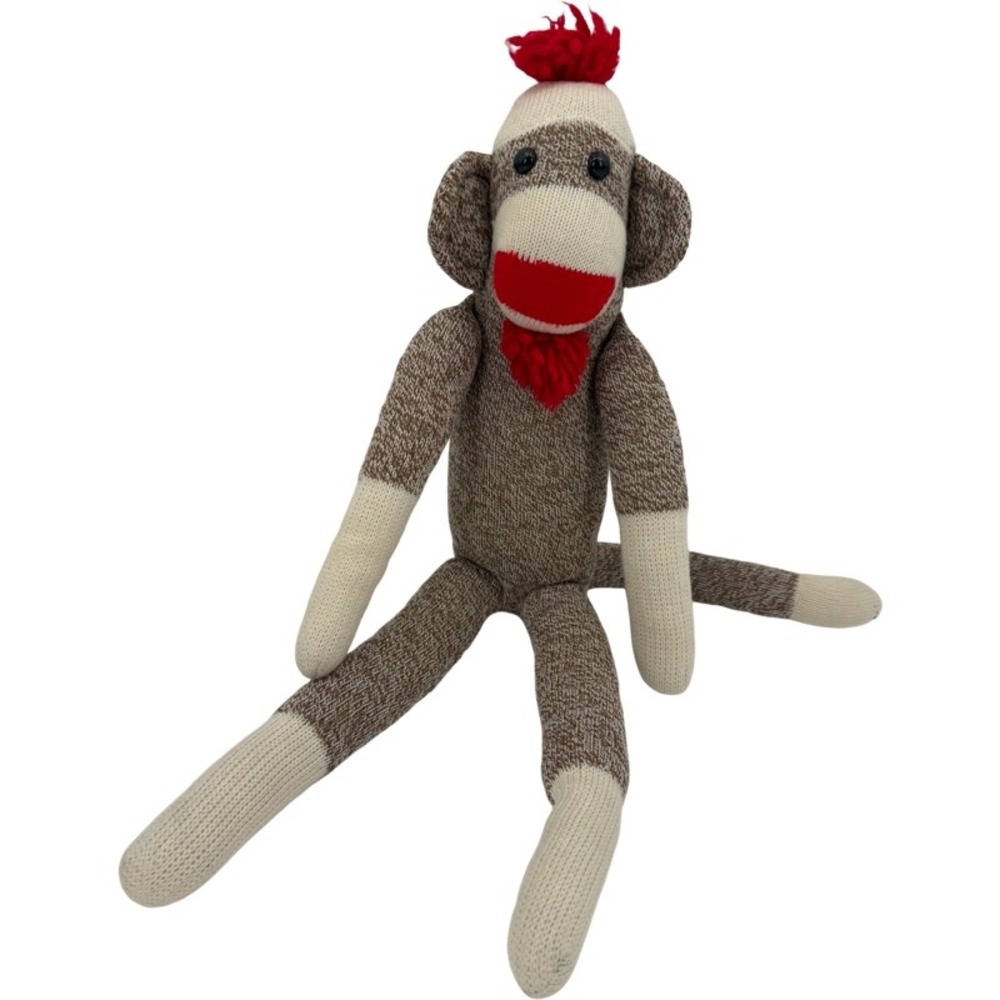 Vintage Sock Monkey Plush Brown Cream Red Yarn Accent Stuffed Toy Kids Nostalgic
